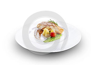 Grilled salmon fillets and fresh fruit and vegetable salad, isolated on white