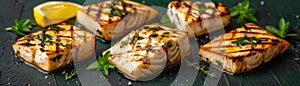 Grilled Salmon Fillets with Lemon and Herbs on Dark Slate Background Gourmet Seafood Dishes