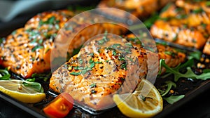 Grilled salmon fillets sprinkled with fresh herbs and lemon juice on a grill plate close up