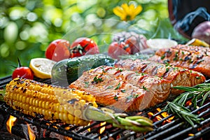 Grilled salmon fillets and vegetables on summer BBQ. Fresh, charred seafood