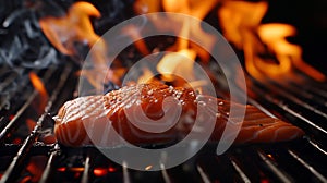 Grilled salmon on the flaming grill