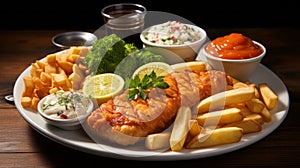 Grilled salmon with French fries, tartar sauce and parsley