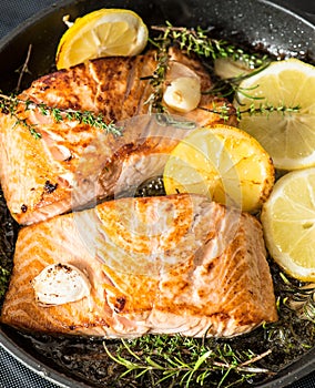 Grilled salmon with herbs, garlic and lemon. FIsh food