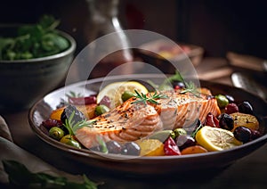 Grilled salmon with lemon, olives and fresh rosemary is a healthy and tasty dish.