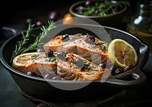 Grilled salmon with lemon, olives and fresh rosemary is a healthy and tasty dish.