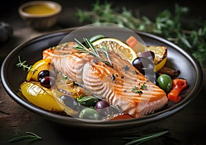 Grilled salmon with lemon, olives and fresh rosemary is a healthy and tasty dish.