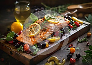 Grilled salmon with lemon, olives and fresh rosemary is a healthy and tasty dish.