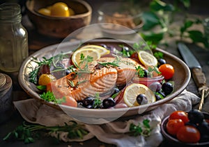 Grilled salmon with lemon, olives and fresh rosemary is a healthy and tasty dish.