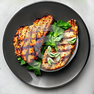 Grilled salmon with lemon,tomato on the wooden background.