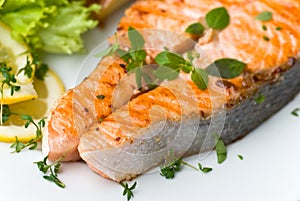 Grilled salmon with lettuce and tomato- close up