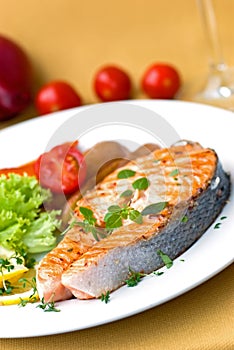 Grilled salmon with lettuce and tomato- close up