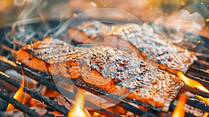 Grilled salmon showing crispy skin and grill marks, surrounded by flames and smoke