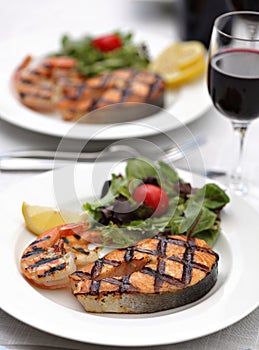 Grilled salmon with shrimps