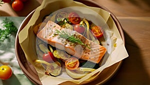 Grilled salmon steak with fresh vegetables, healthy gourmet meal generated by AI