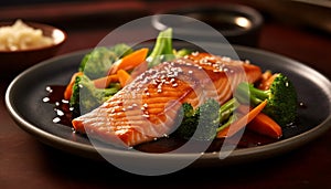 Grilled salmon steak with fresh vegetables, a healthy gourmet meal generated by AI