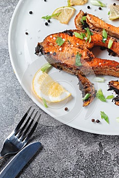 Grilled salmon steak with lemon spices and lime in a white plate on a stone slate table. Deliciously cooked salmon fillet