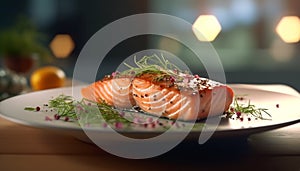 Grilled salmon steak on plate, fresh and healthy gourmet meal generated by AI