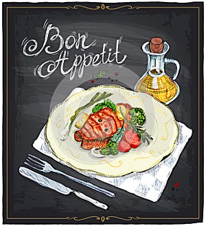 Grilled salmon steak on a plate hand drawn illustration on a chalkboard.