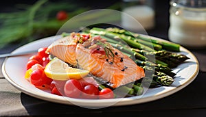 Grilled salmon steak on a plate, healthy meal generated by AI