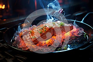 Grilled salmon steak with smoke and flames, delicious and juicy trout on the barbecue, AI Generated