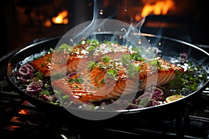 Grilled salmon steak with smoke and flames, delicious and juicy trout on the barbecue, AI Generated