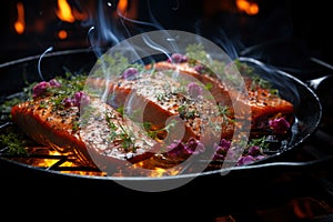 Grilled salmon steak with smoke and flames, delicious and juicy trout on the barbecue, AI Generated