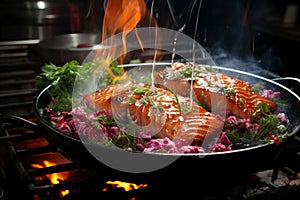 Grilled salmon steak with smoke and flames, delicious and juicy trout on the barbecue, AI Generated