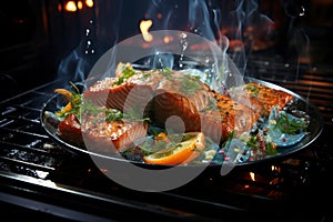 Grilled salmon steak with smoke and flames, delicious and juicy trout on the barbecue, AI Generated