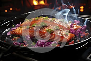 Grilled salmon steak with smoke and flames, delicious and juicy trout on the barbecue, AI Generated