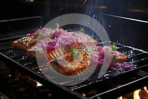 Grilled salmon steak with smoke and flames, delicious and juicy trout on the barbecue, AI Generated