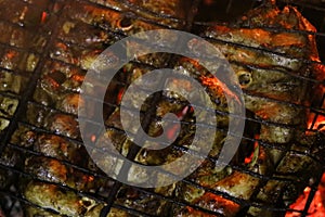 Grilled salmon steaks on a grill. Fire flame grill. Restaurant and garden kitchen.