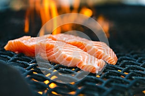 Grilled salmon steaks on a grill. Fire flame grill. Restaurant and garden kitchen. Garden party. Healthy dish.