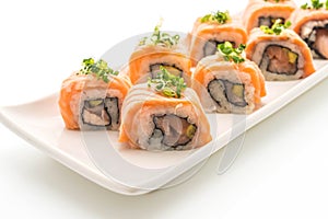 grilled salmon sushi roll - japanese food style