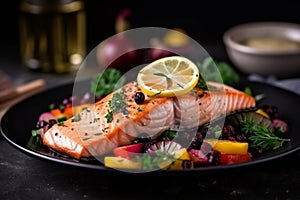 Grilled salmon with vegetables. AI Generated