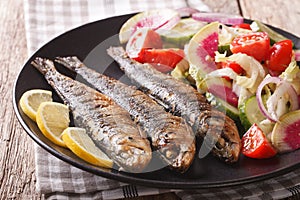 Grilled sardines with fresh salad of cucumber, radish, tomato, o