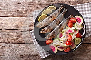 Grilled sardines with fresh vegetable salad close-up. horizontal