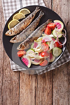 Grilled sardines with fresh vegetable salad close-up. vertical t