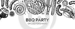 Grilled sausage and beer banner. Hand-drawn fast food illustration. Barbeque party sketched banner. German food and drinks