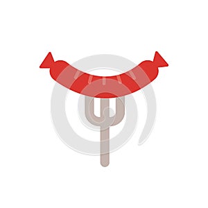 Grilled sausage on fork icon. Isolated flat color icon. Vector illustration. Modern glyph design. Meat products. Food