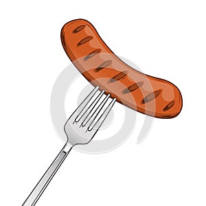 Grilled Sausage on Fork isolated on a white background. Fast food concept. Colored line art. Retro design.