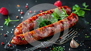 Grilled Sausage on Grill With Cranberry Sauce