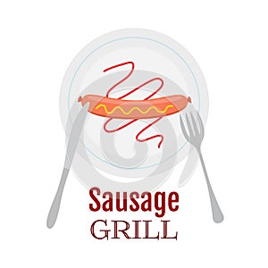 Grilled sausage on plate with ketchup, mustard, knife and fork