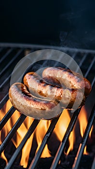 Grilled sausage sizzling over open flame on the barbecue