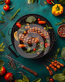 Grilled Sausage and Vegetables on Barbecue Grill with Fresh Herbs and Spices in Vibrant Outdoor Setting