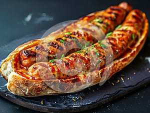 Grilled sausages on a black slate plate