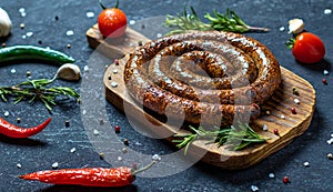 Grilled sausages on a dark wooden board with rosemary, salt and peper