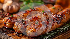 Grilled sausages and delicious bbq dinner on the table realistic and tempting food scene