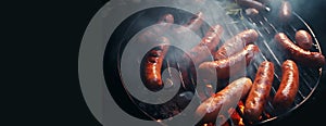 Grilled sausages on the flaming grill on black background. Grilling food, bbq, Menu grilled restaurant. Barbecue