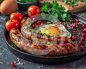 Grilled Sausages with Fried Egg on Cast Iron Skillet, Breakfast Meal with Tomatoes and Herbs