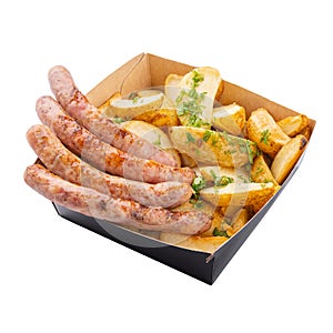 Grilled sausages and fries in a cardboard craft box, angle view, isolated on white background